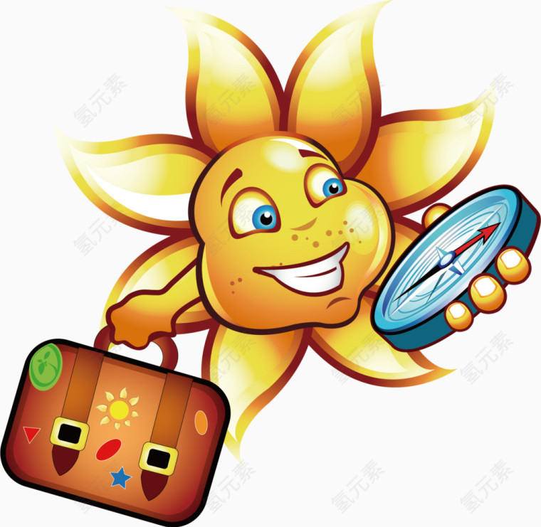 夏日元素太阳旅行箱指南针卡通手绘装饰元素