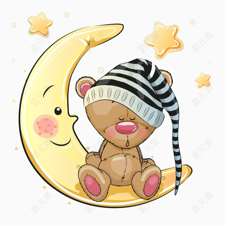 熊猫棕熊小熊玩偶睡觉月亮星星卡通手绘 