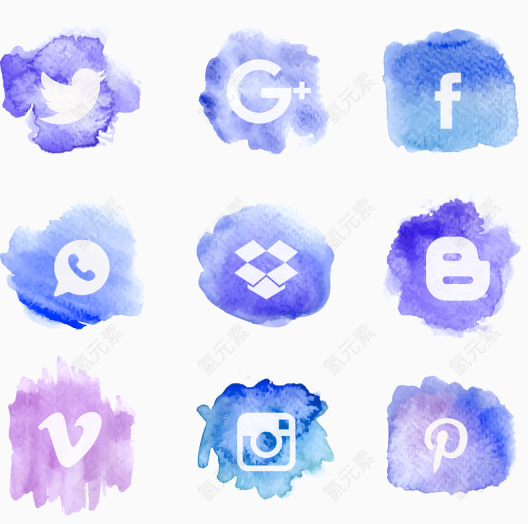 蓝色水彩绘社交媒体图标矢量图