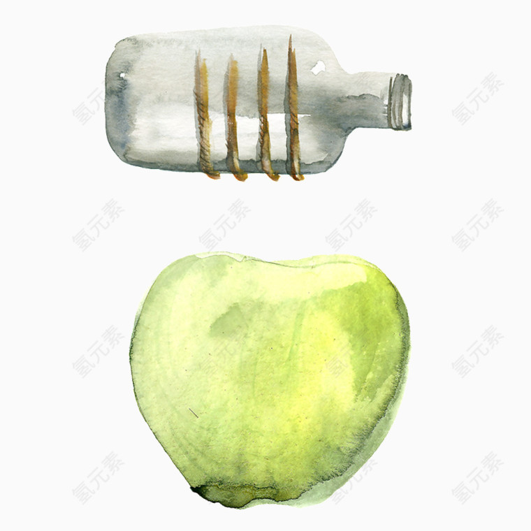 手绘水彩瓶子水果苹果