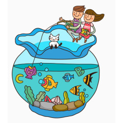 卡通手绘坐在鱼缸上钓鱼的小孩