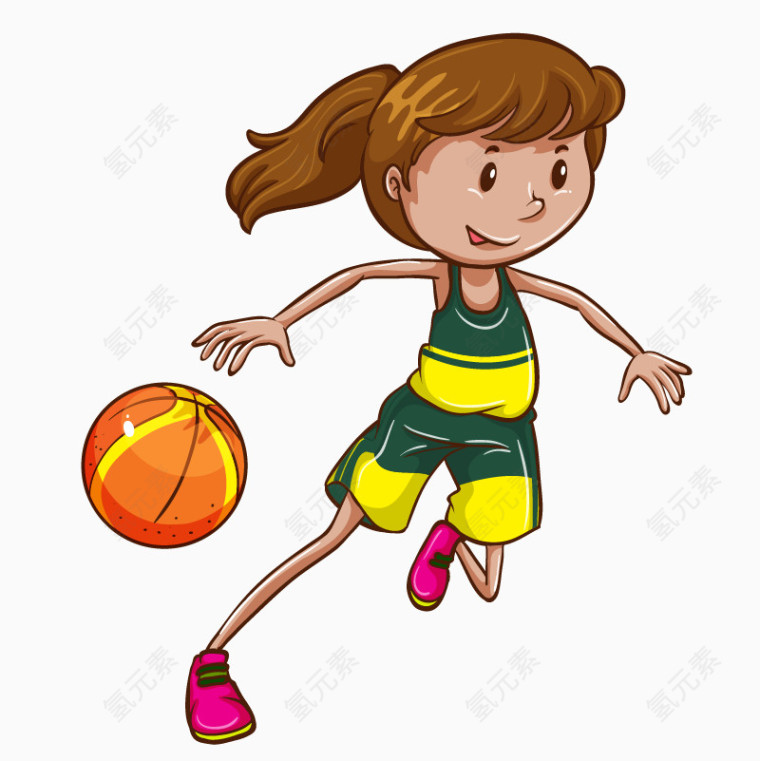 卡通手绘绿色衣服打篮球女孩