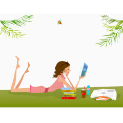 草坪上看书的女孩子