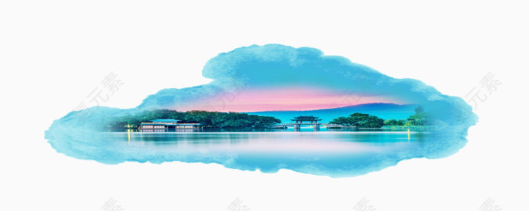 中国风水彩手绘杭州西湖景色风景图