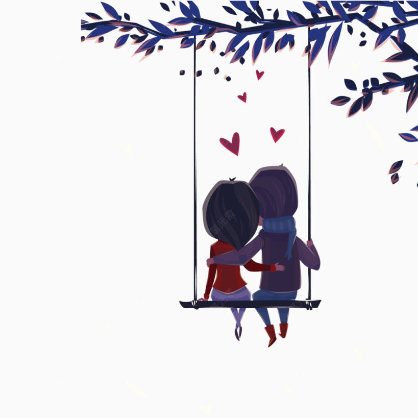 卡通坐在秋千上的情侣背影下载