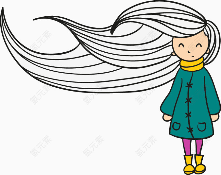 头发被风吹起的小女孩卡通手绘