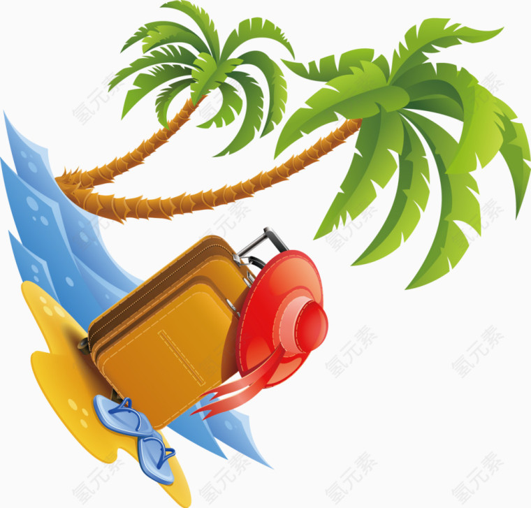 夏日元素沙滩椰树海洋行李箱沙滩帽卡通手绘