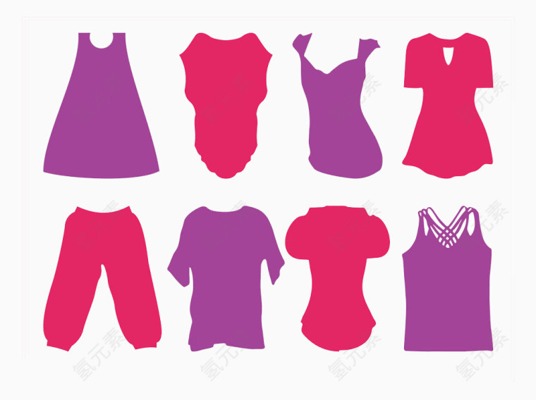 各类红色和紫色的衣服与裤子图标元素