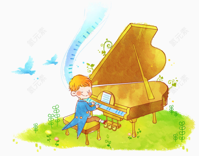 清新手绘弹钢琴的男孩插画
