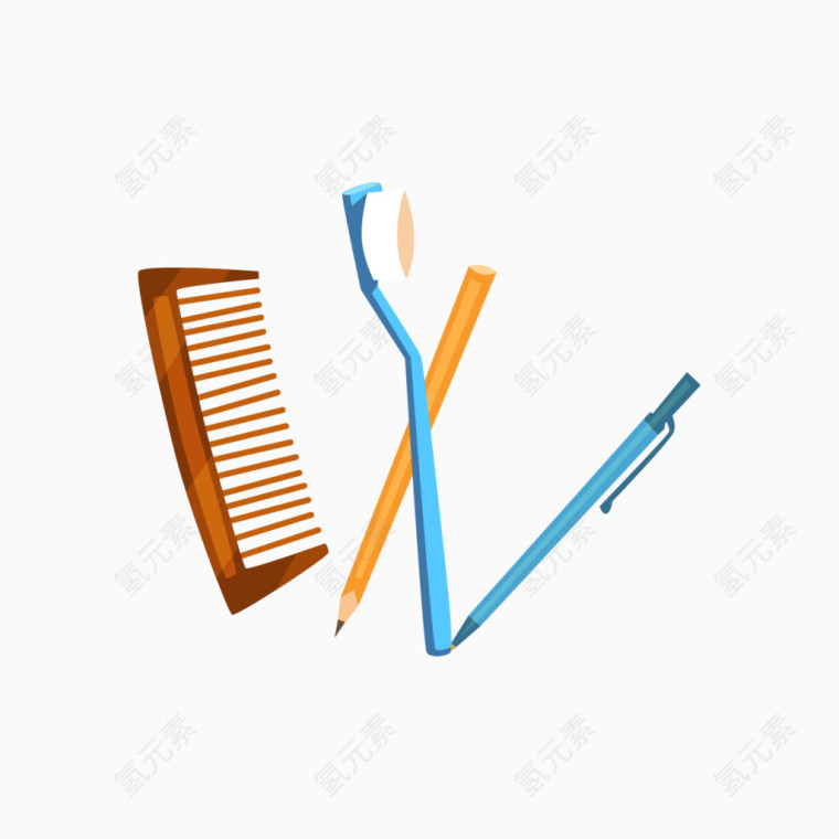 卡通手绘牙刷梳子和铅笔