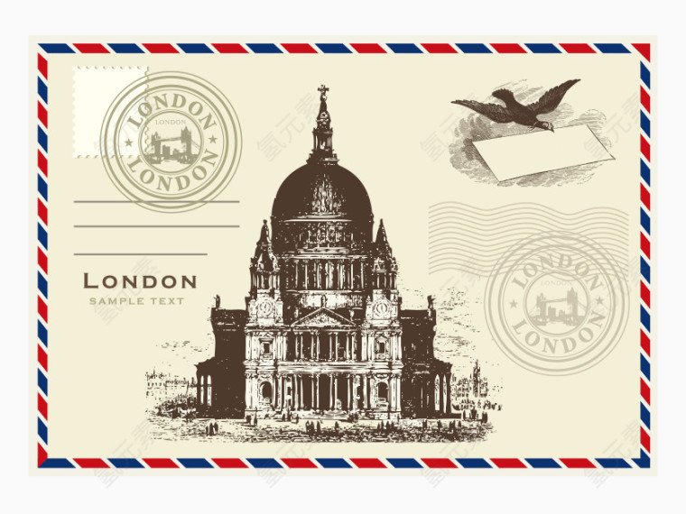 伦敦和巴黎的象征邮票信封矢量素材