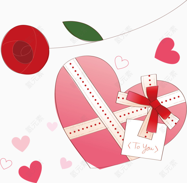 红玫瑰心形礼盒简易画装饰元素