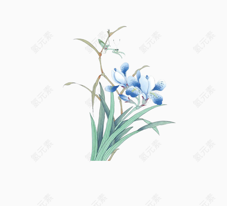 手绘中国风蓝色花朵