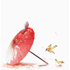 群鸟围绕的散落的红色油纸伞