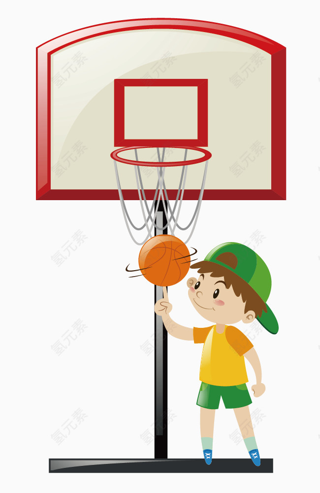 卡通手绘玩篮球的男孩 