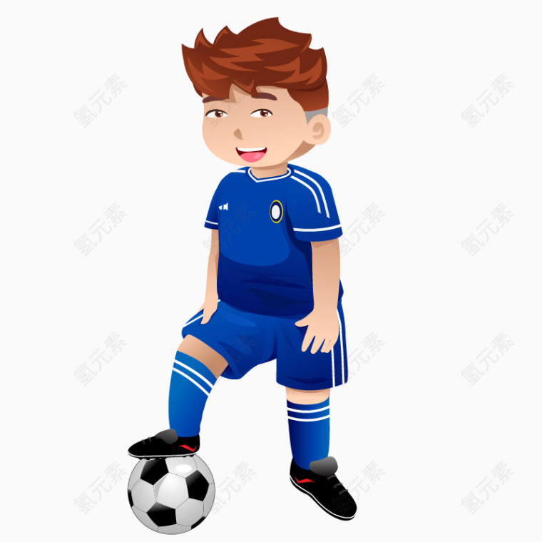 卡通手绘蓝色脚踩足球男孩