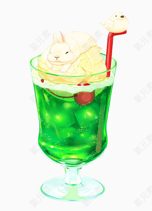 手绘绿色饮料和兔子小鸟