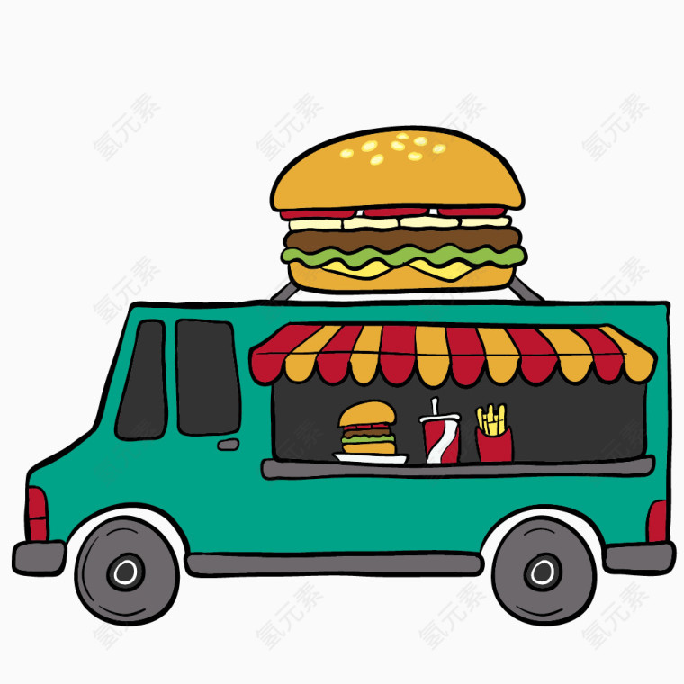卡通手绘汉堡移动快餐车