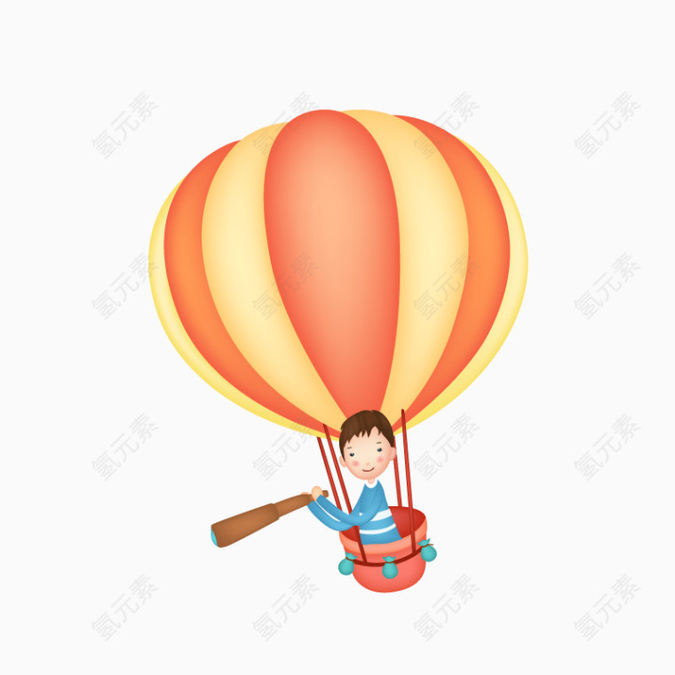坐在热气球里拿着望远镜的卡通男孩