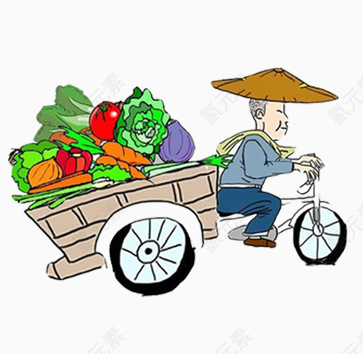 卡通骑着三轮车的大爷驮了一车的瓜果蔬菜