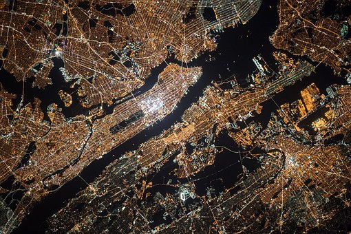 纽约城,纽约,城市,大都市,夜,照明,灯,光明,以上,卫星图像,免費的