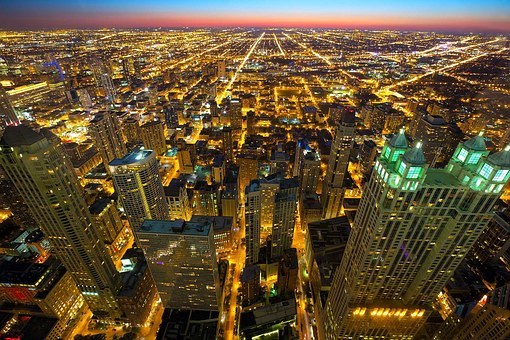 天际线,夜,城市,芝加哥天际线,日落,地平线,市容,城市的灯光,城市天