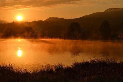 日出,池,丘陵,水,自然,霾,免費的照片,免费图片