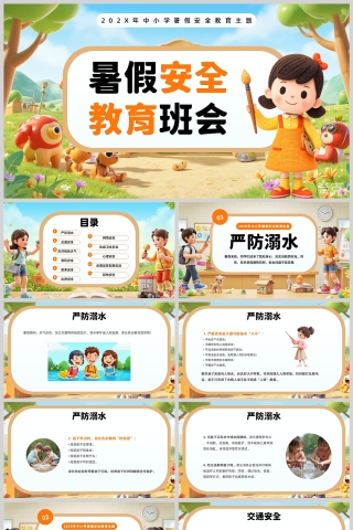 橙色卡通风格暑假安全教育培訓班级会议PPT模板