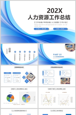 蓝色曲线风人力资源工作总结PPT模版