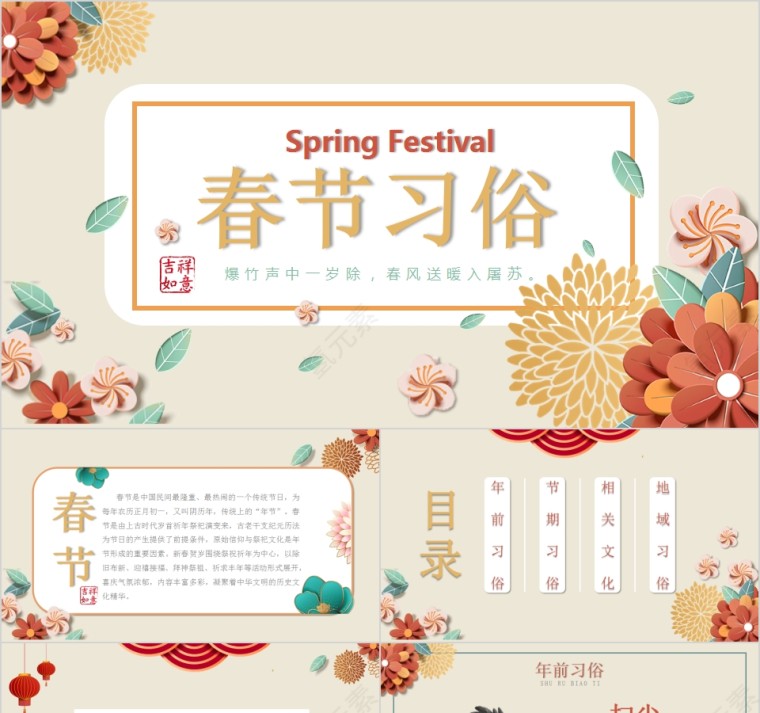 中国风春节习俗新年快乐PPT模板第1张