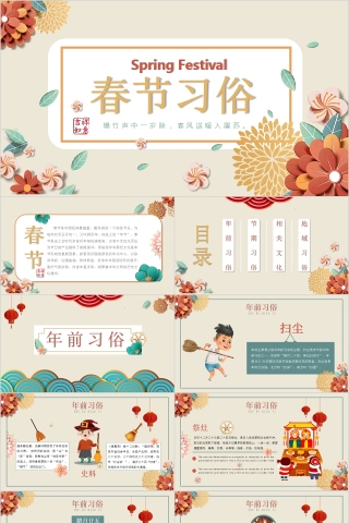 中国风春节习俗新年快乐PPT模板下载